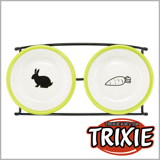 ТРИКСИ Украина - Миски на подставке Trixie (керамика/металл, 2х0.3л/13см, белый/зеленый)