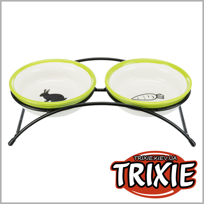 ТРИКСИ Украина - Миски на подставке Trixie (керамика/металл, 2х0.3л/13см, белый/зеленый)