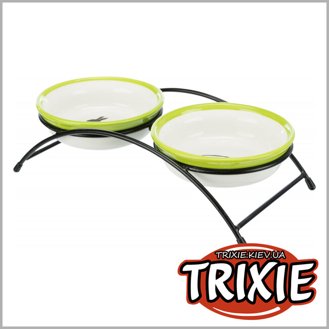 ТРИКСИ Украина - Миски на подставке Trixie (керамика/металл, 2х0.3л/13см, белый/зеленый)