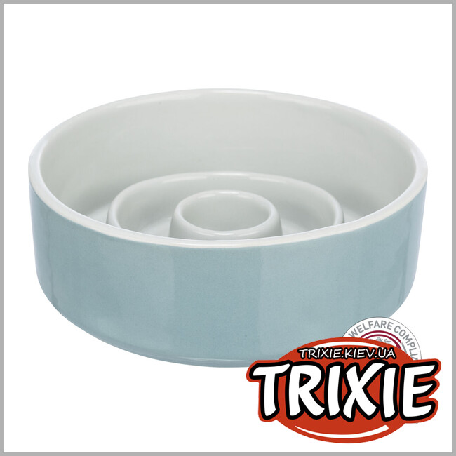 ТРИКСИ Украина - Миска Trixie 24520 для собак Медленное кормление серая/голубая керамика 450 мл 14 см