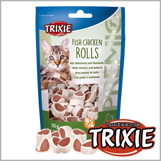 ТРИКСИ Украина - Лакомство для кошек Trixie 42702 PREMIO Fish Chicken Rolls с курицей и минтай 50г