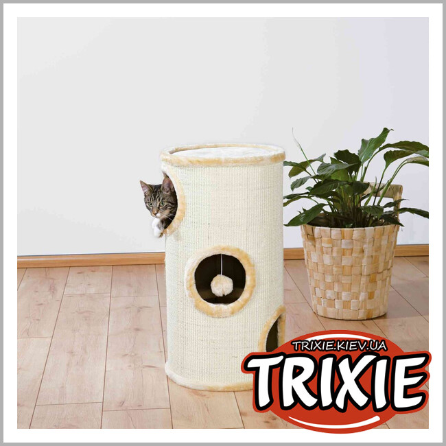ТРІКСІ Україна - Дряпка для котів Trixie 4330 Samuel з будиночком та іграшкою на мотузці сизаль/плюш бежева 36х70 см