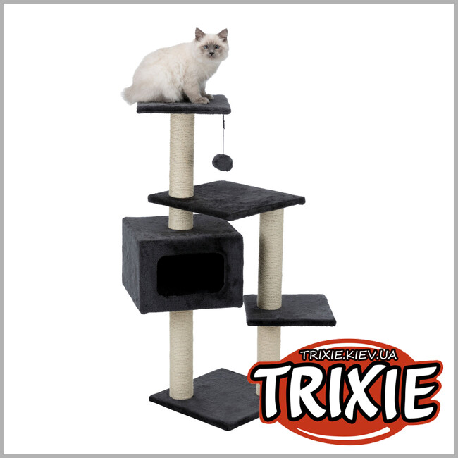 ТРІКСІ Україна - Дряпка-комплекс для котів Trixie 43787 Palamos з іграшкою на мотузці сизаль/плюш чорна 39х39х109 см